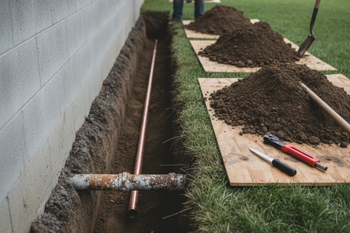 Excavated water line trench during Sewer Line Repair in Bergheim